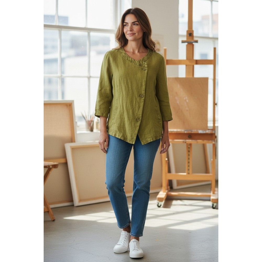 Oska Linen Jacket Women 2 Chartreuse Green Asymmetrical Button Lagenlook Medium